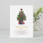 クリスマスパーティーフェスティバルツリー金ゴールド 箔招待状 (立ち正面)
