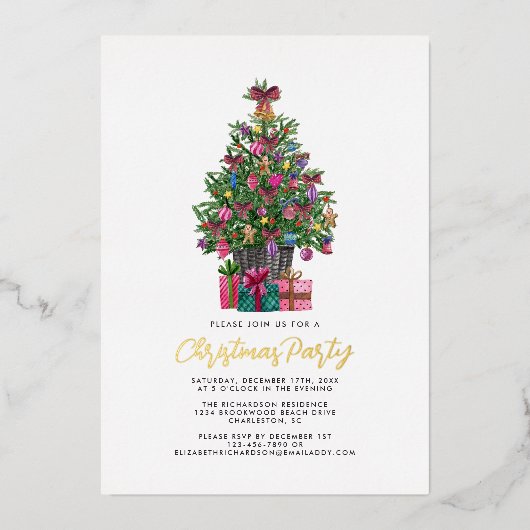クリスマスパーティーフェスティバルピンクツリー金ゴールド 箔招待状 (正面)