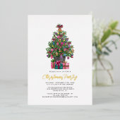 クリスマスパーティーフェスティバルピンクツリー金ゴールド 箔招待状 (立ち正面)