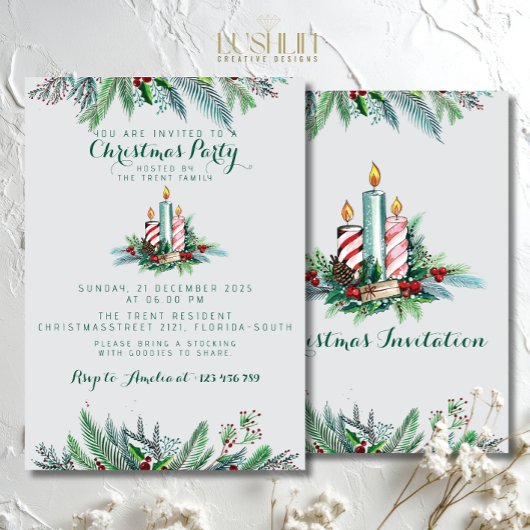 クリスマスパーティーフェスティバルホリデーグリーナリーキャンドル 招待状