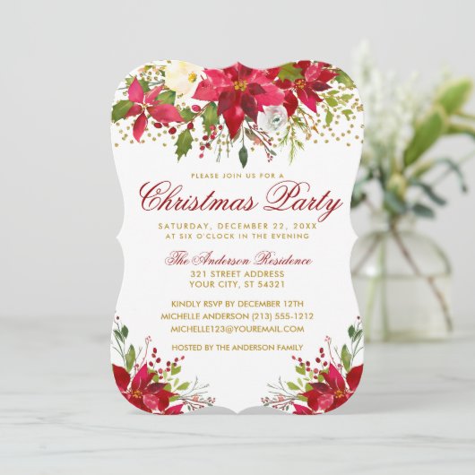 クリスマスパーティーフローラレッドポインセチア金ゴールドグリッター 招待状 (スタンド正面)