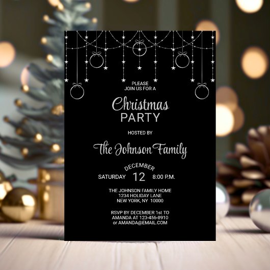 クリスマスパーティーブラックシルバーグリッタースター 招待状