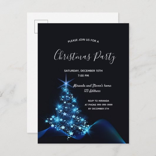 クリスマスパーティーブラックブルーモダンツリーの招待 ポストカード (正面/裏面)