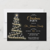 クリスマスパーティーブラック金ゴールドグリッタースターズツリー 招待状 (正面)