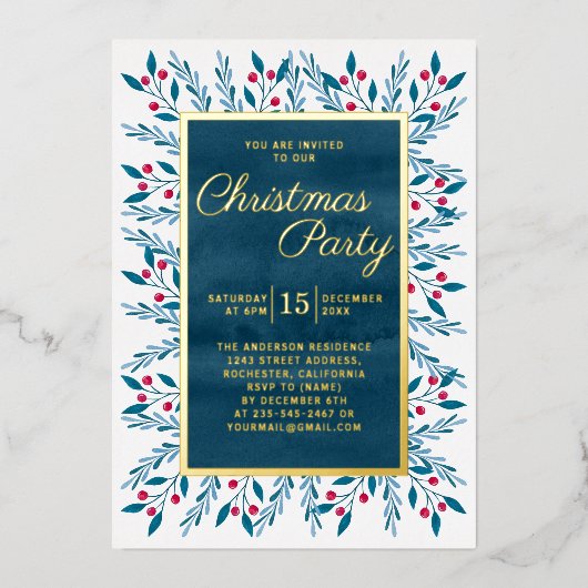 クリスマスパーティーブルーウォーター色フローラ 箔招待状 (正面)
