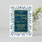 クリスマスパーティーブルーウォーター色フローラ 箔招待状 (立ち正面)