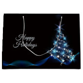 クリスマスパーティーブルーツリーシャイニーブラックエレガント ラージペーパーバッグ (正面)