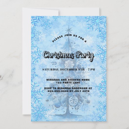 クリスマスパーティーブルーツリースノーフレーク贅沢 招待状 (正面)