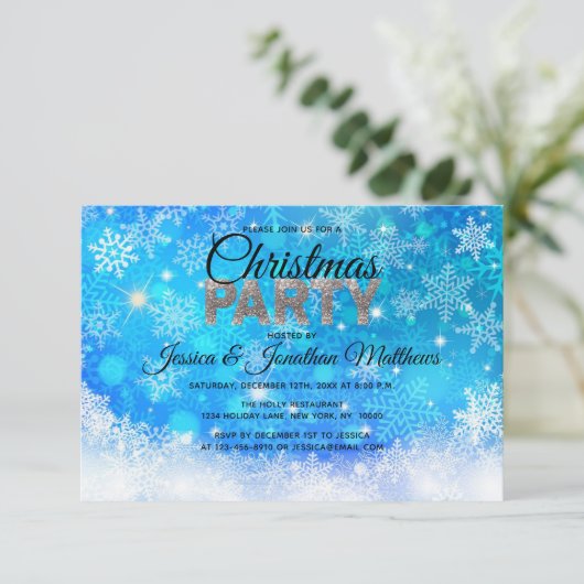クリスマスパーティーブルーホワイトスノーフレーク雪グリッター 招待状 (スタンド正面)