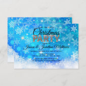 クリスマスパーティーブルーホワイトスノーフレーク雪グリッター 招待状 (正面/裏面)