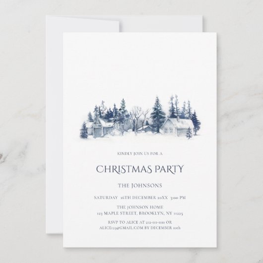 クリスマスパーティーブルーホワイトビレッジ招待状 シーズンカード (正面)