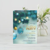 クリスマスパーティーブルー金ゴールドツリーボーブルグリッター 招待状 (スタンド正面)