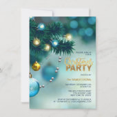 クリスマスパーティーブルー金ゴールドツリーボーブルグリッター 招待状 (正面)