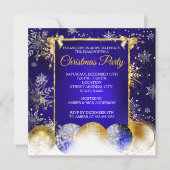 クリスマスパーティーブルー金ゴールドバウブルスノーフレーク 招待状 (正面)