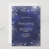 クリスマスパーティーブルー銀グリッター輝く 招待状 (正面)