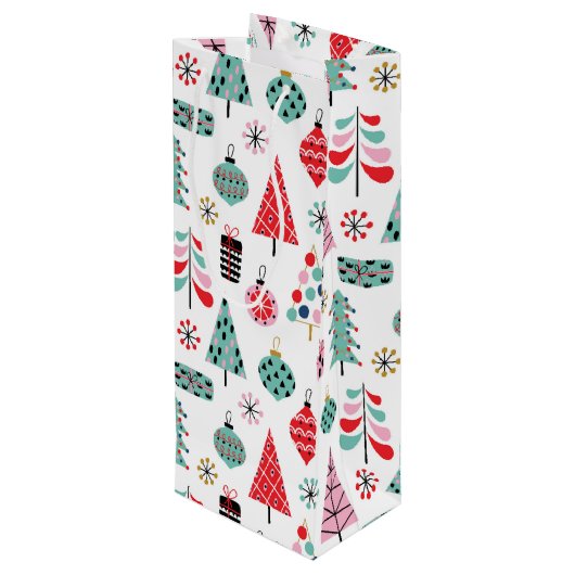 クリスマスパーティーホステスギフト。ホリデーツリーパターン ワインギフトバッグ (裏面アングル)