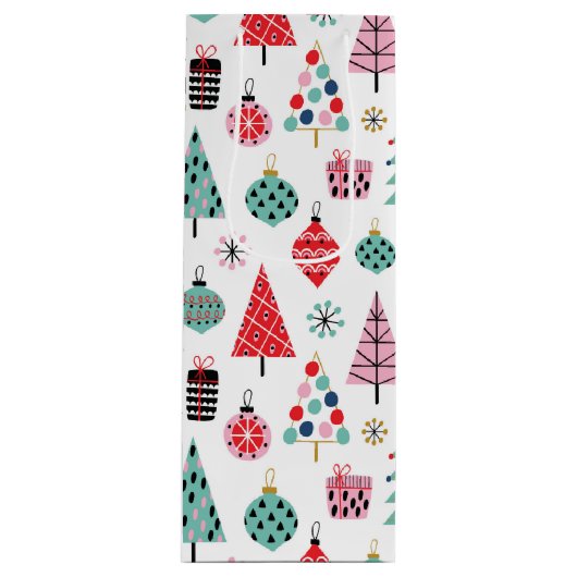 クリスマスパーティーホステスギフト。ホリデーツリーパターン ワインギフトバッグ (正面)