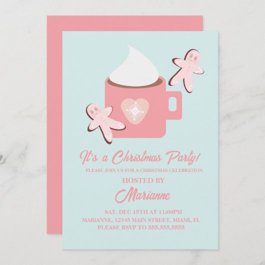 クリスマスパーティーホットチョコレートマグジンジャーブレッドピンク 招待状 (正面/裏面)