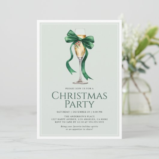 クリスマスパーティーホリデーカクテルグリーンボウモダン 招待状 (スタンド正面)