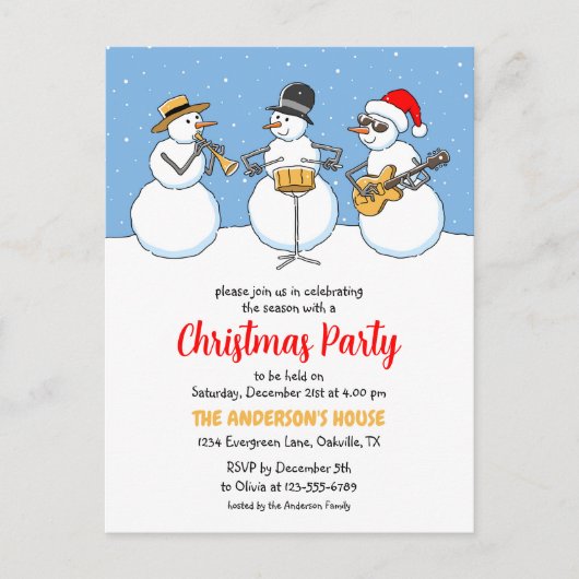 クリスマスパーティーホリデーシーズン雪だるまジャズバンド インビテーションポストカード (正面)