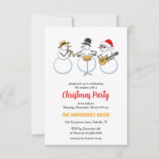 クリスマスパーティーホリデーシーズン雪だるまジャズバンド 招待状 (正面)