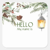 クリスマスパーティーホリデーハローネームタグパイン スクエアシール (正面)