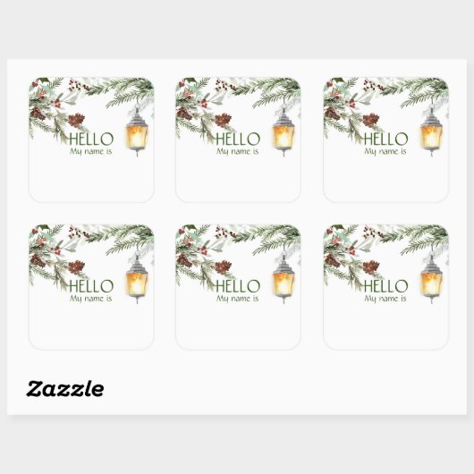クリスマスパーティーホリデーハローネームタグパイン スクエアシール (シート)