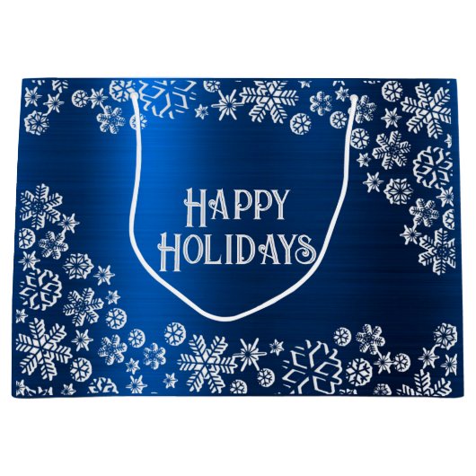 クリスマスパーティーホワイトスノーフレークNavy Blue ラージペーパーバッグ (正面)