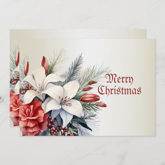 クリスマスパーティーホワイトレッドフラワーホリデーエレガント シーズンカード (正面/裏面)