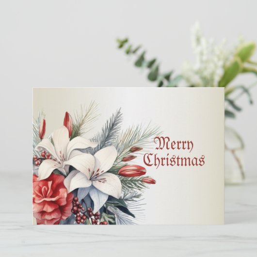 クリスマスパーティーホワイトレッドフラワーホリデーエレガント シーズンカード (スタンド正面)