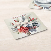 クリスマスパーティーホワイトレッドフラワーホリデーエレガント スクエアペーパーコースター (アングル)