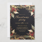 クリスマスパーティーボタニカルブラック&金ゴールドホリデー 招待状 (正面)