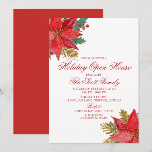 クリスマスパーティーポインセチア招待状 招待状 (正面/裏面)