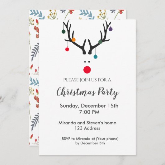 クリスマスパーティーモダントナカイ赤 招待状 (正面/裏面)