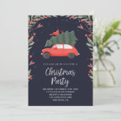 クリスマスパーティーレッドカー&グリーンパインスノーウィー 招待状 (スタンド正面)