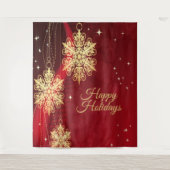 クリスマスパーティーレッドゴールデンスノーフレークスホリデー タペストリー (正面)