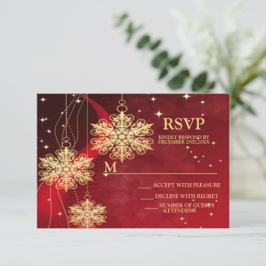 クリスマスパーティーレッドゴールデンスノーフレークスホリデー 出欠カード (スタンド正面)