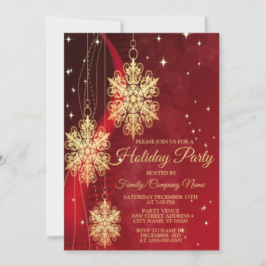 クリスマスパーティーレッドゴールデンスノーフレークスホリデー 招待状 (正面)