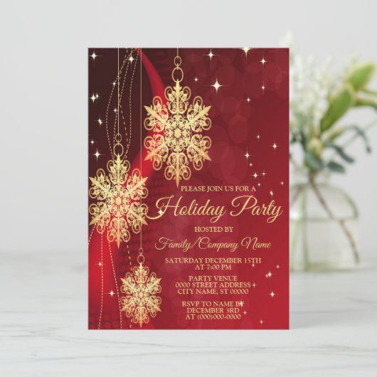 クリスマスパーティーレッドゴールデンスノーフレークスホリデー 招待状 (スタンド正面)