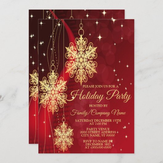 クリスマスパーティーレッドゴールデンスノーフレークスホリデー 招待状 (正面/裏面)