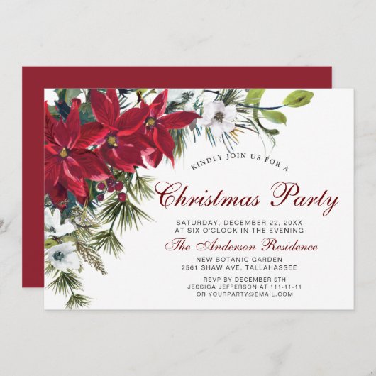 クリスマスパーティーレッドポインセチアフローラ水彩 招待状 (正面/裏面)