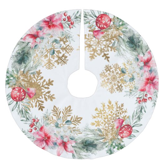 クリスマスパーティーレッドポインセチア ブラッシュドポリエステルツリースカート (正面)