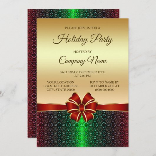 クリスマスパーティーレッドリボン金ゴールドホリデー招待状 招待状 (正面/裏面)