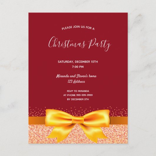 クリスマスパーティーレッド金ゴールドボウ招待状 ポストカード (正面)