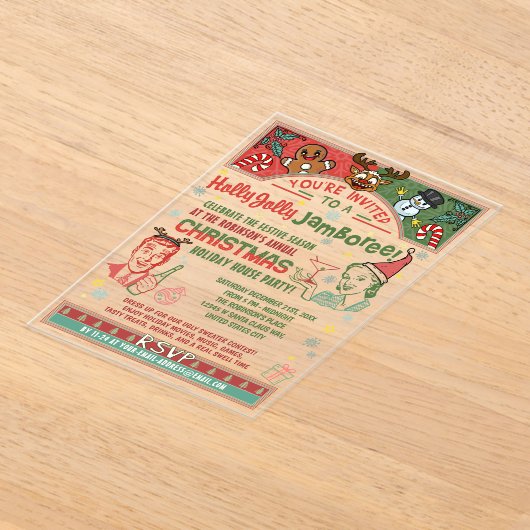 クリスマスパーティーレトロミッドセンチュリー冬クリスマスユーモア アクリル招待状 (レイダウン)