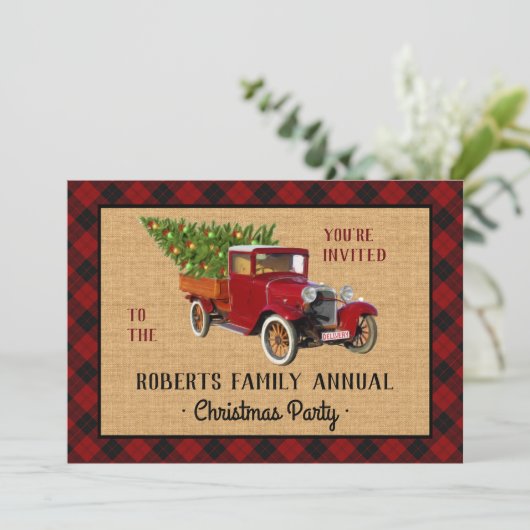 クリスマスパーティーヴィンテージレッドトラックツリープレイドチェック 招待状 (スタンド正面)