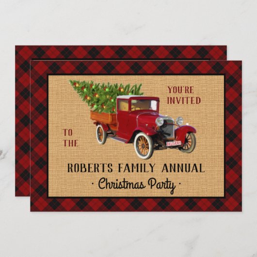 クリスマスパーティーヴィンテージレッドトラックツリープレイドチェック 招待状 (正面/裏面)