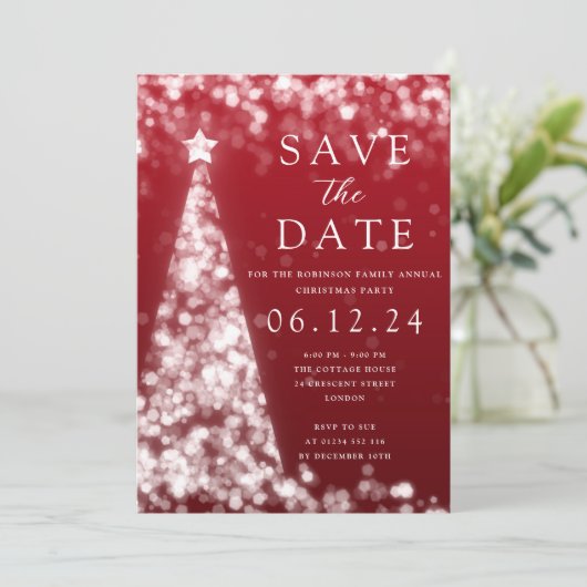 クリスマスパーティー保存の日付シルバーツリーグラムレッド 招待状 (スタンド正面)