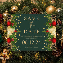クリスマスパーティー保存日付金ゴールドフローラ緑 案内ポストカード