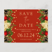 クリスマスパーティー保存日付金ゴールドフローラ赤 案内ポストカード (正面)